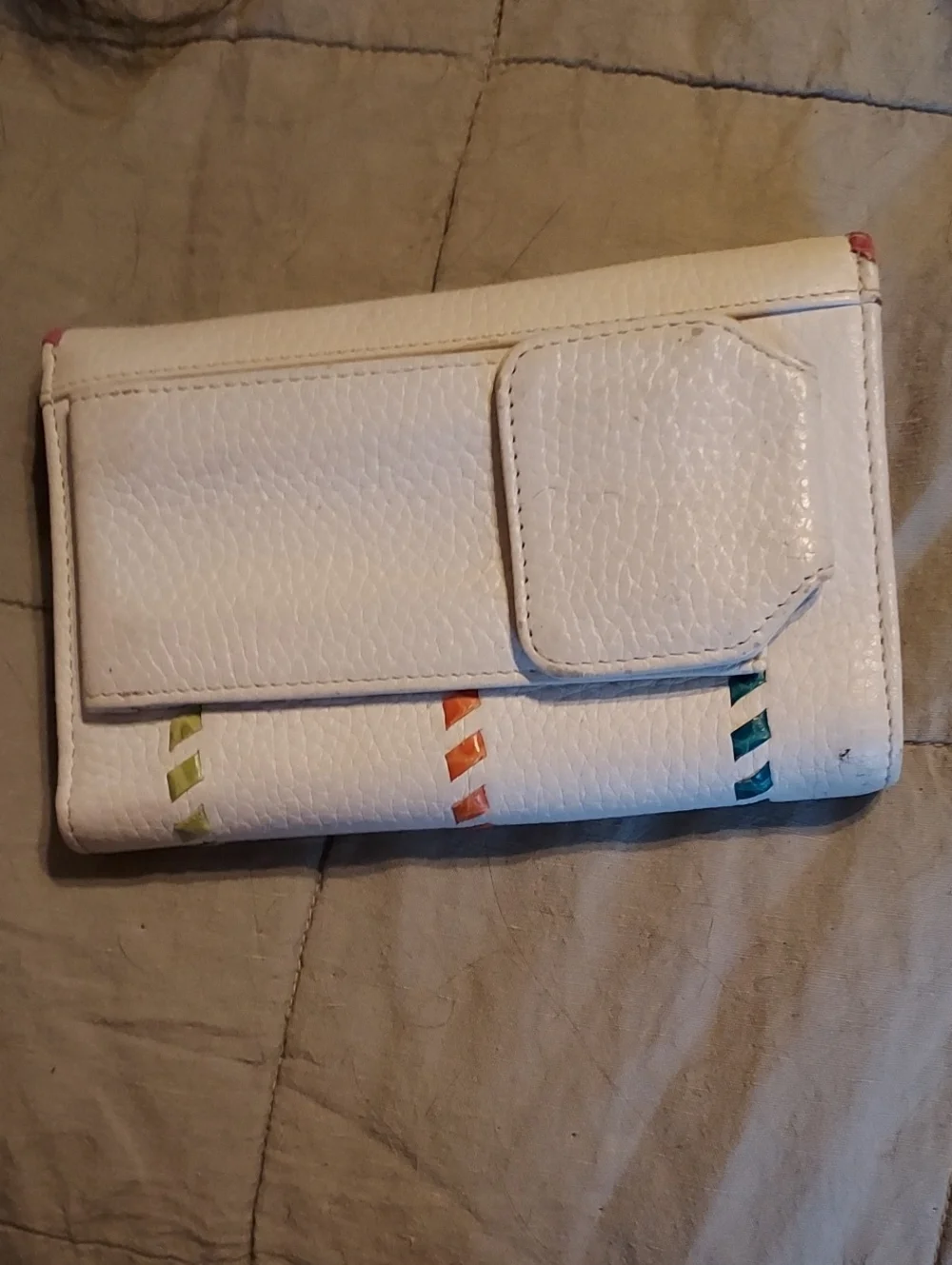 Brighton Wallet Tri Fold White With Pink, Blue, Orange & Green Lacing